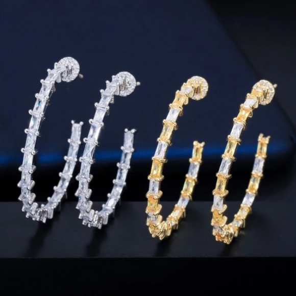 Anthropologie - Emerald Cut Hoops Double Inlay Eternity Earrings - Picture 14 of 16